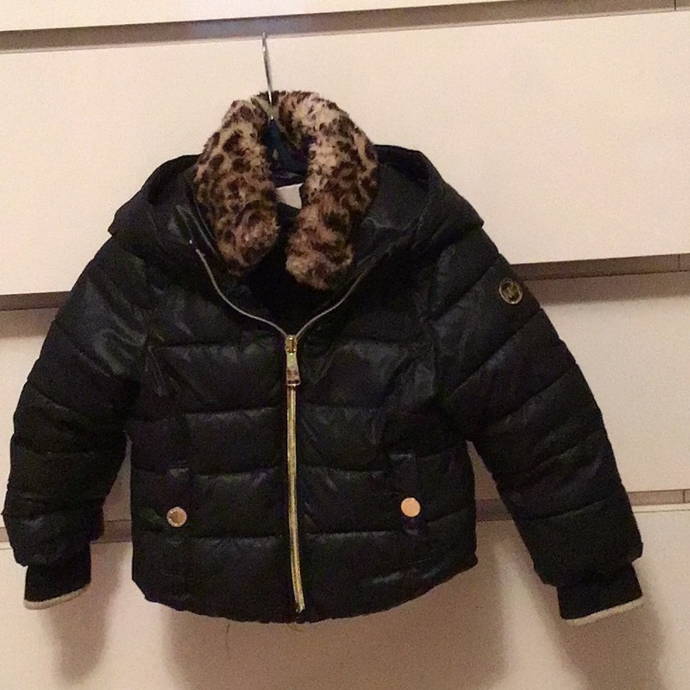 Michael Kors black puffer jacket with leopard faux fur collar